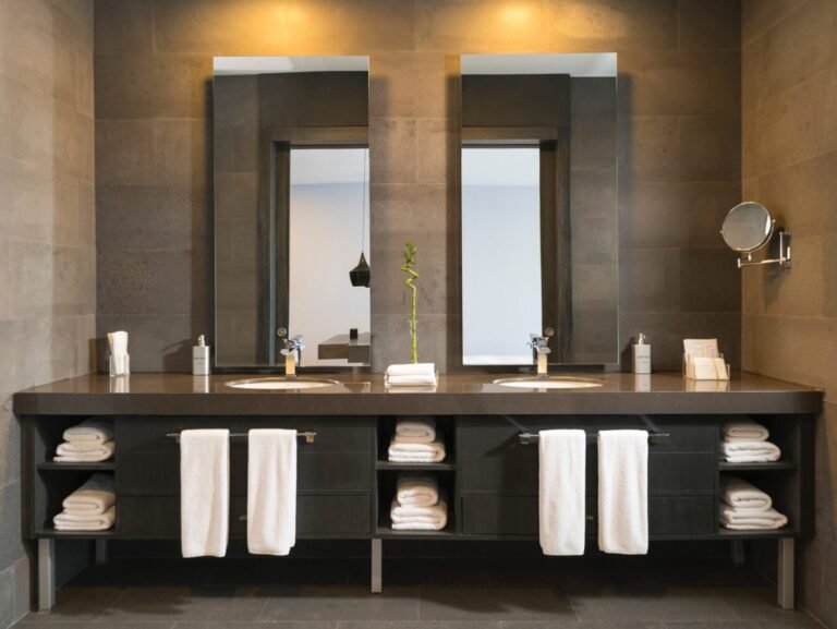 Baño con espejos iluminados a ambos lados del lavabo