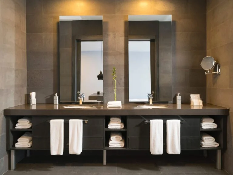 Baño con espejos iluminados a ambos lados del lavabo